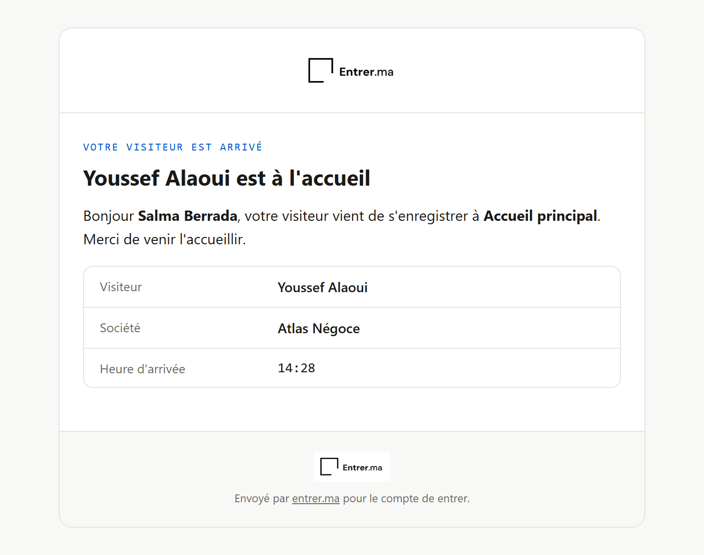 Email d'arrivée : le visiteur, sa société, l'heure et le point d'accueil.