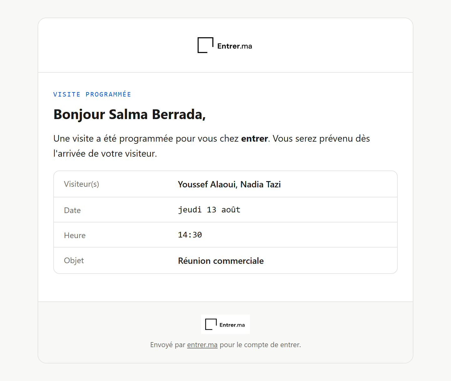 Email de visite programmée : la liste des visiteurs attendus, la date, l'heure et l'objet.