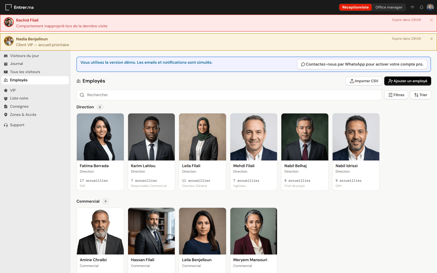 Liste des employés avec la barre de recherche, les filtres et le tri en haut du tableau.