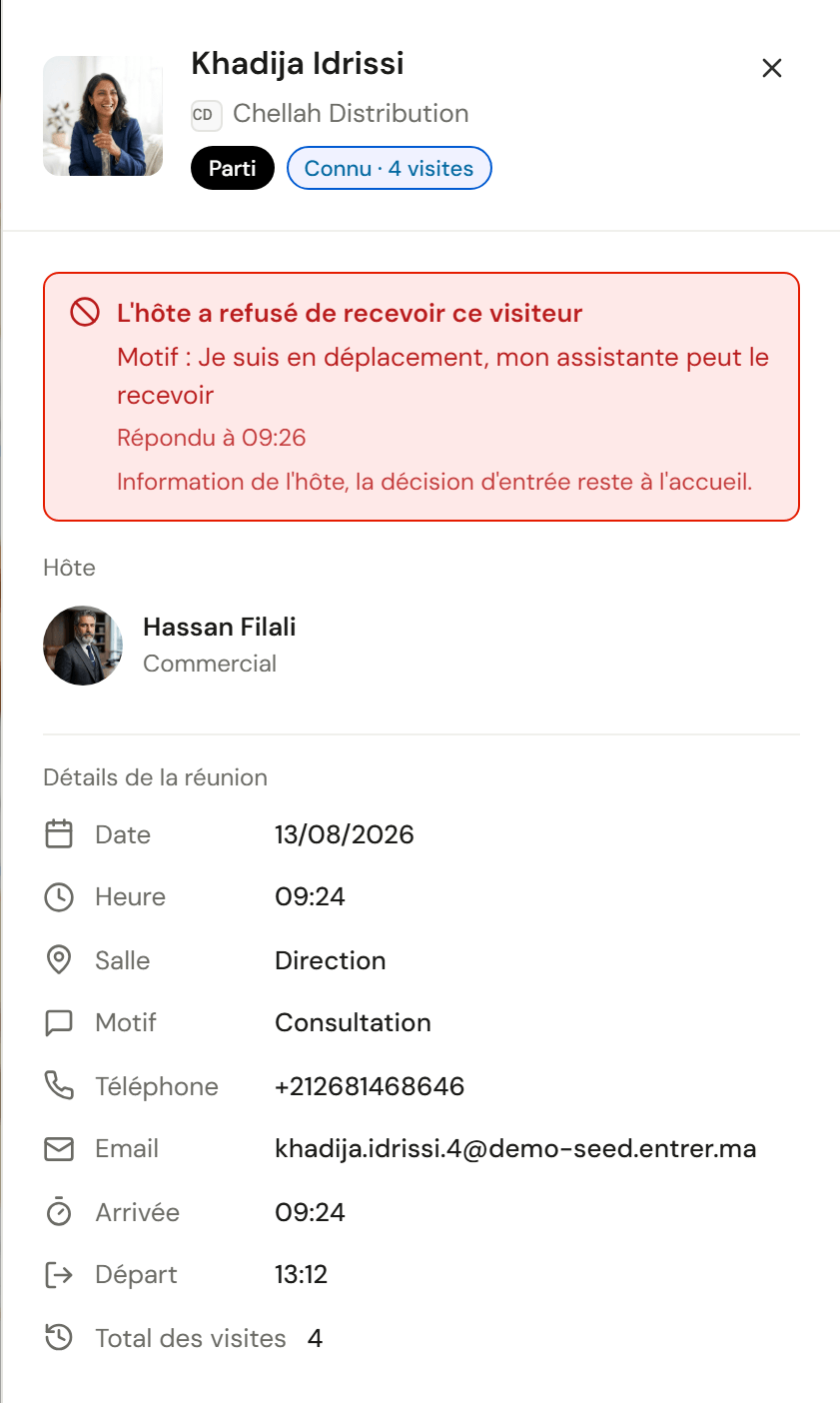 Fiche visiteur à l'accueil : un encadré indique que l'hôte a refusé de recevoir, avec son motif et l'heure de la réponse.