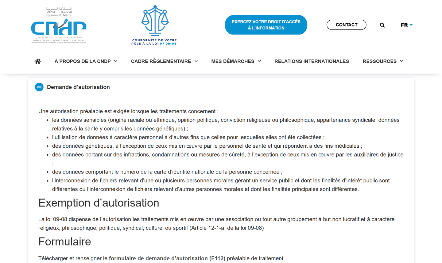 Page Formalités du site de la CNDP, section Demande d’autorisation, listant les six cas soumis à autorisation préalable