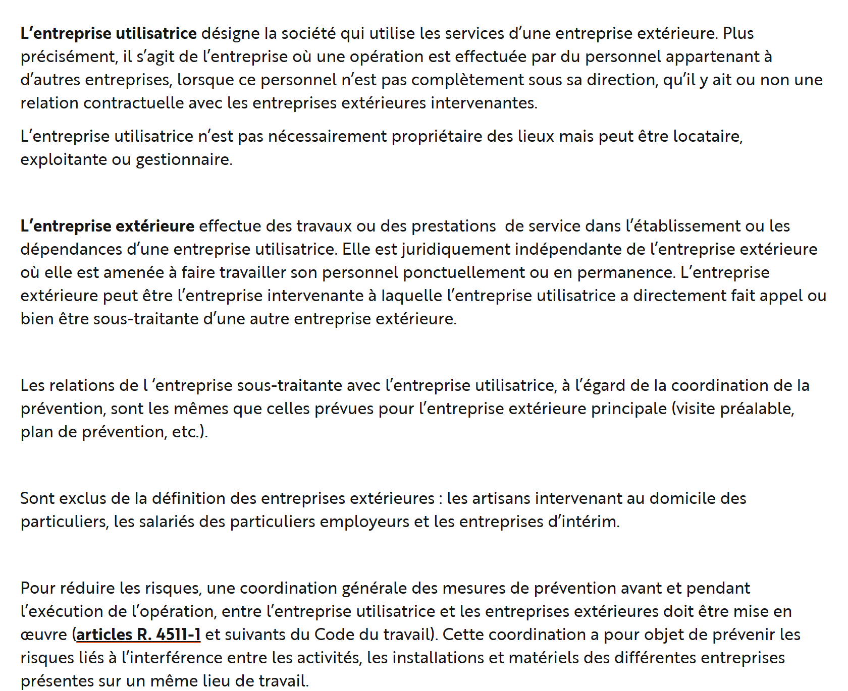 Page de l’INRS définissant l’entreprise utilisatrice et l’entreprise extérieure, et rappelant l’obligation de coordination des articles R. 4511-1 et suivants