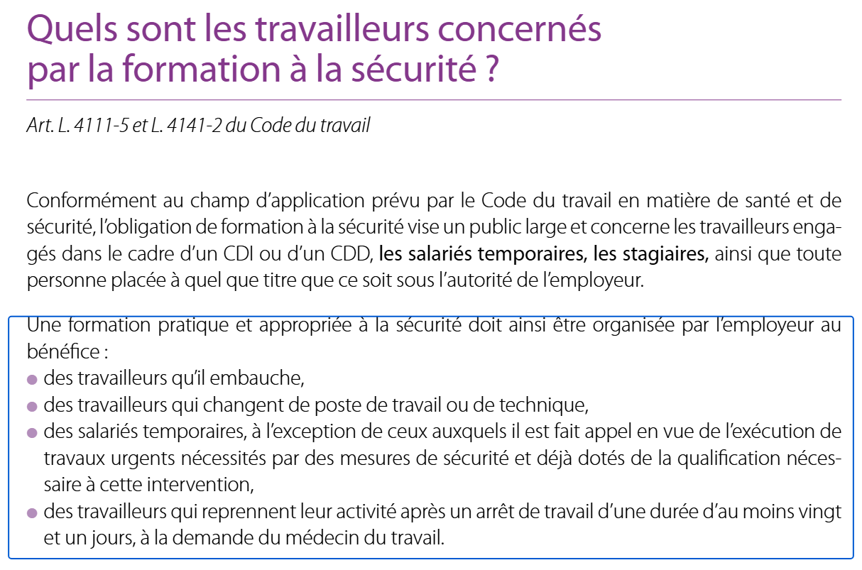 Brochure INRS ED 6298 : les quatre publics visés par l’obligation de formation à la sécurité, encadrés
