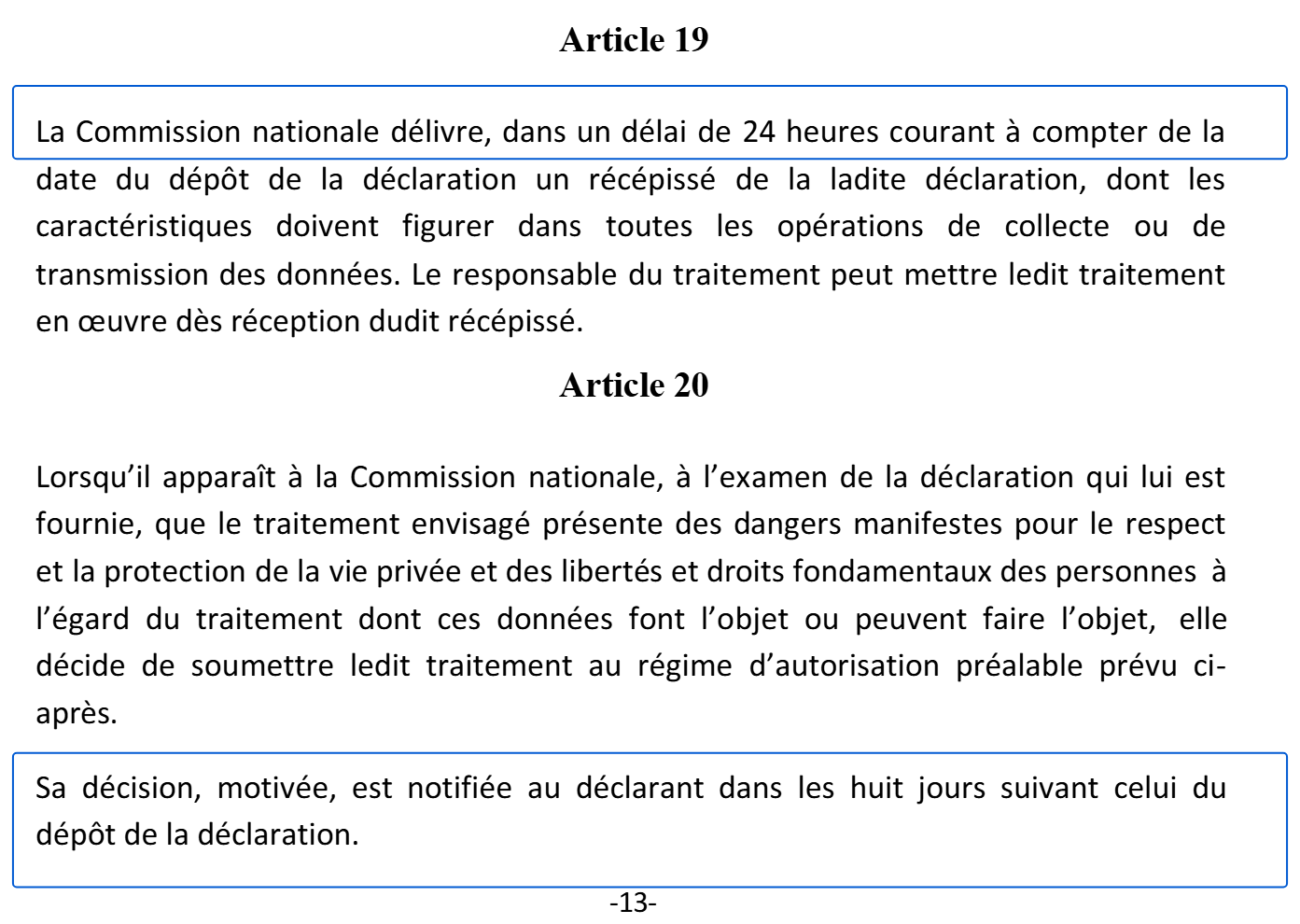 Articles 19 et 20 de la loi 09-08 : récépissé dans un délai de 24 heures, décision de requalification notifiée dans les huit jours
