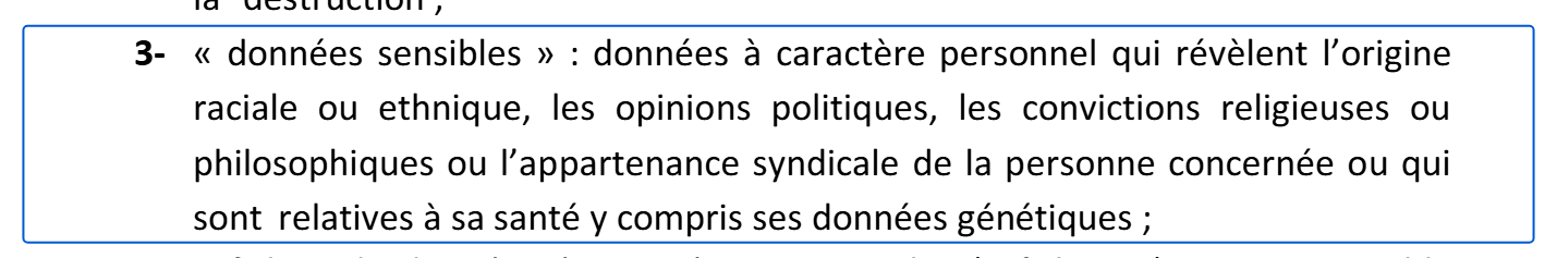 Article premier de la loi 09-08, définition des données sensibles encadrée : origine raciale ou ethnique, opinions politiques, convictions, appartenance syndicale, santé